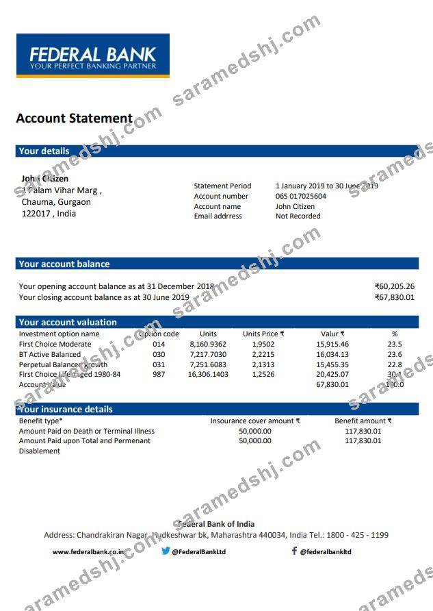 India Federal Bank statement